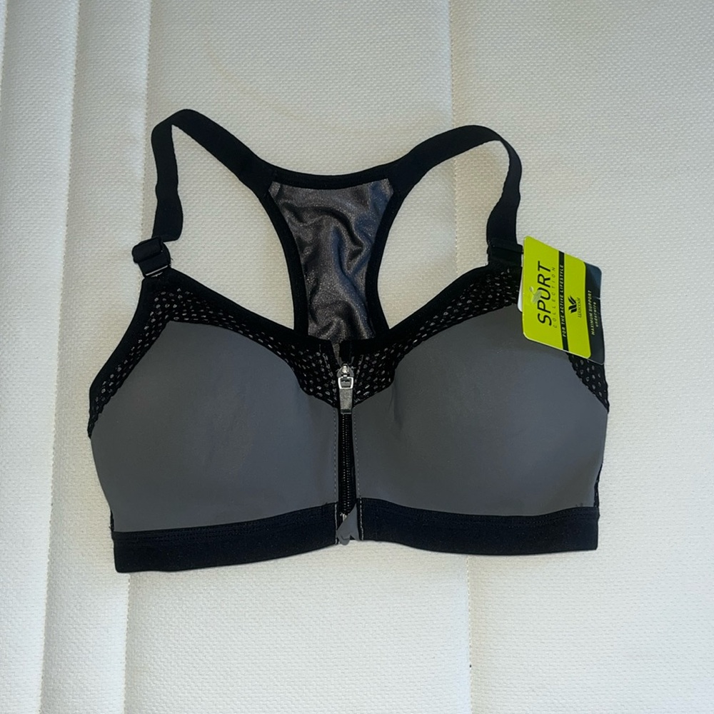 NWT Wacoal Zip Front Underwire Sports Bra Gray Black Women's Sz 30C